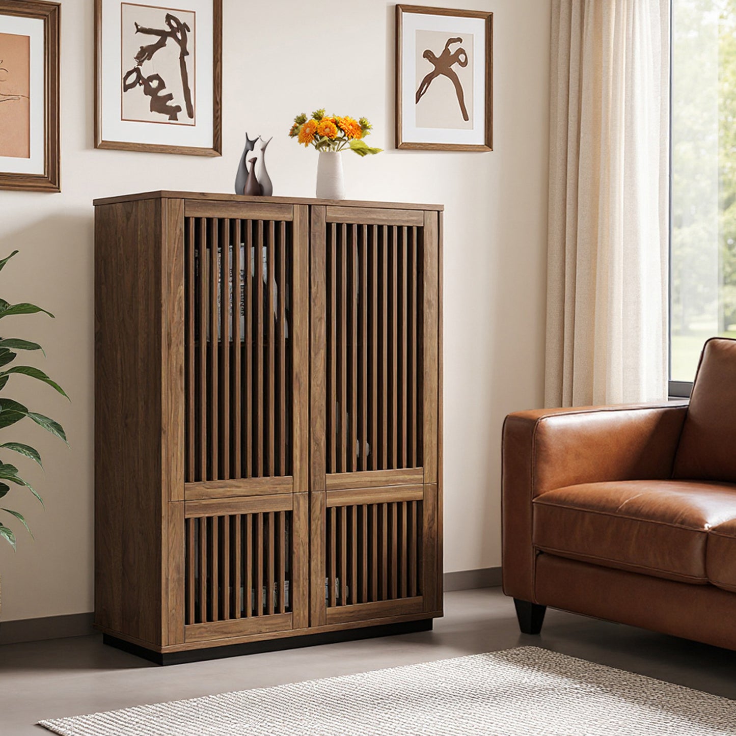 Cabinet CWG599C3 Mid-Century Modern Wooden Slatted Door 4-Door