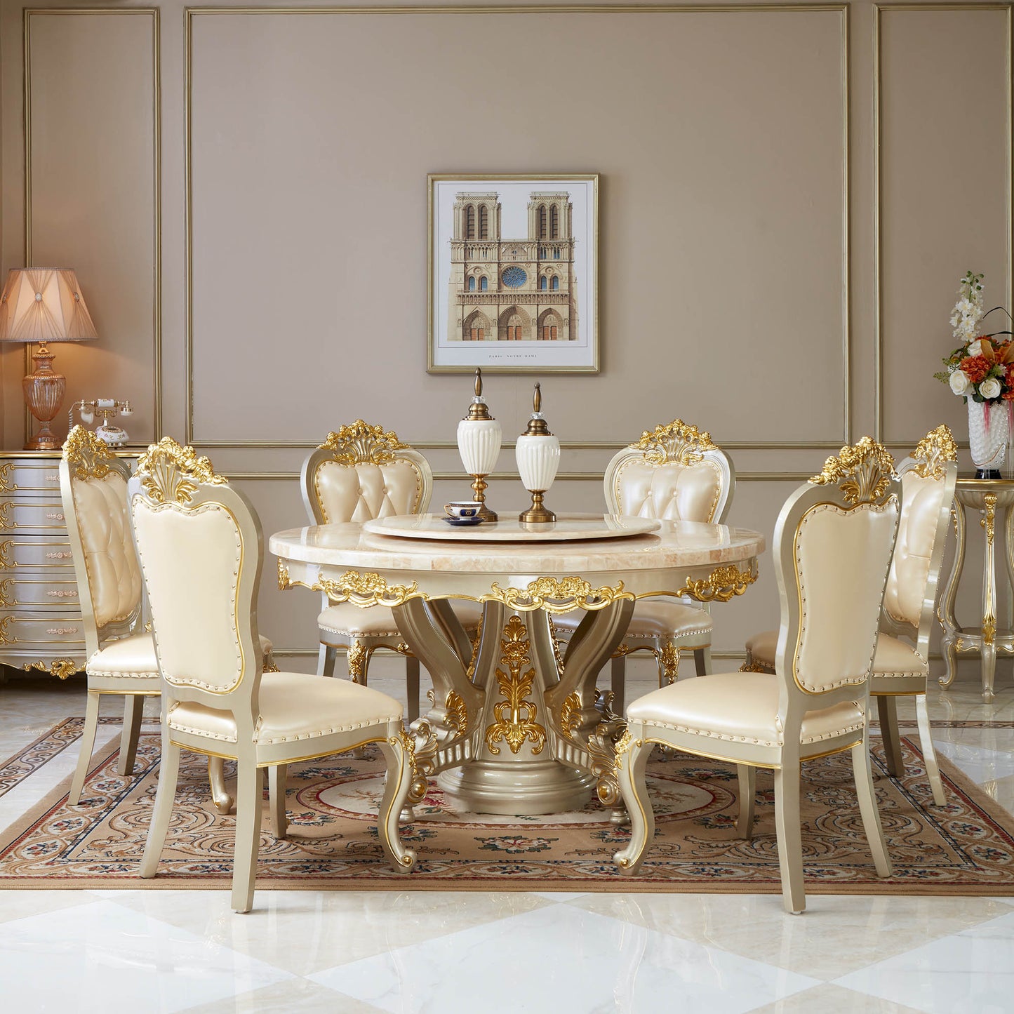 Royale Opulence Round Dining Table with Lazy Susan – French Palace Dining Collection