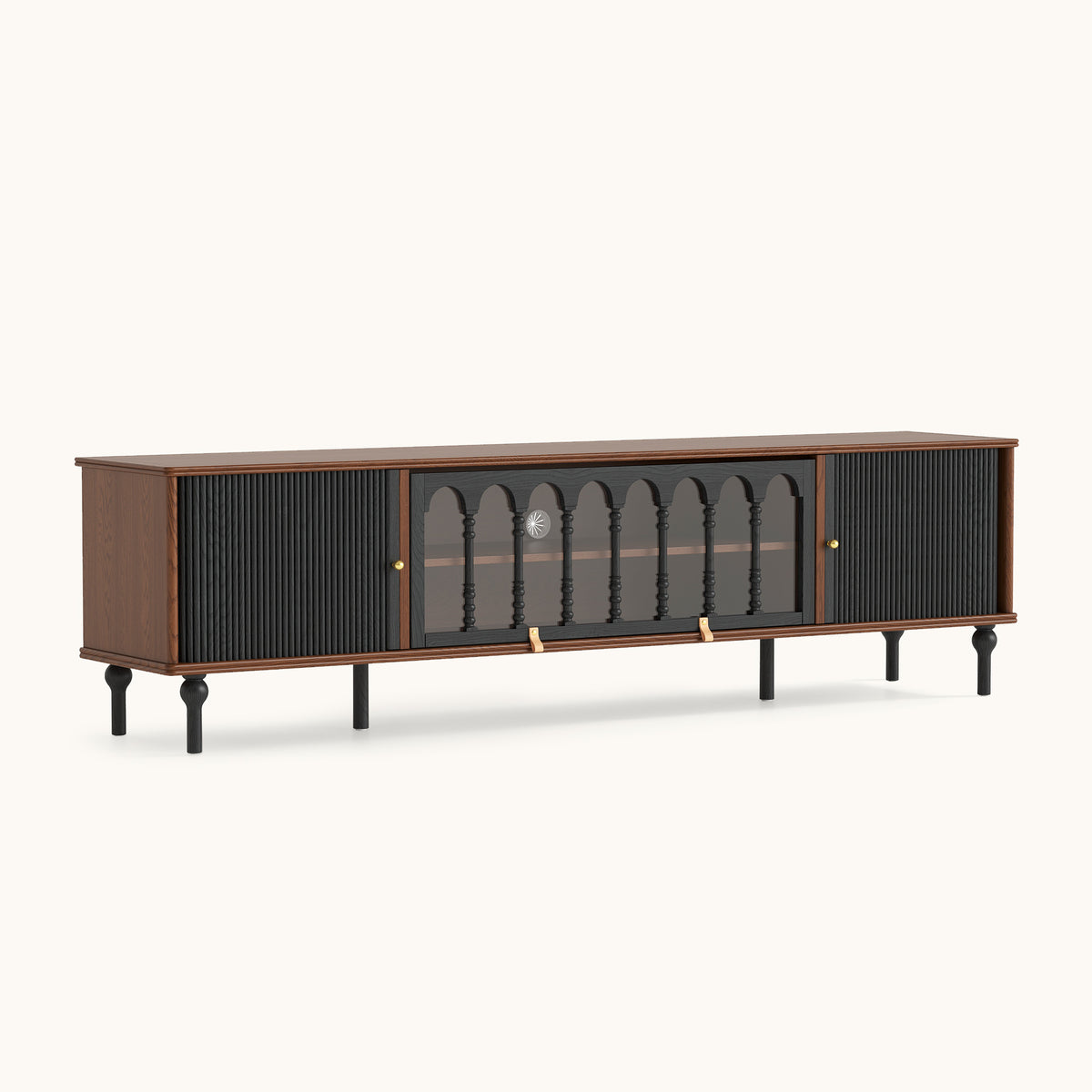Gael Vintage TV Stand with Glass Display Cabinet, Mid-Century Walnut Media Console