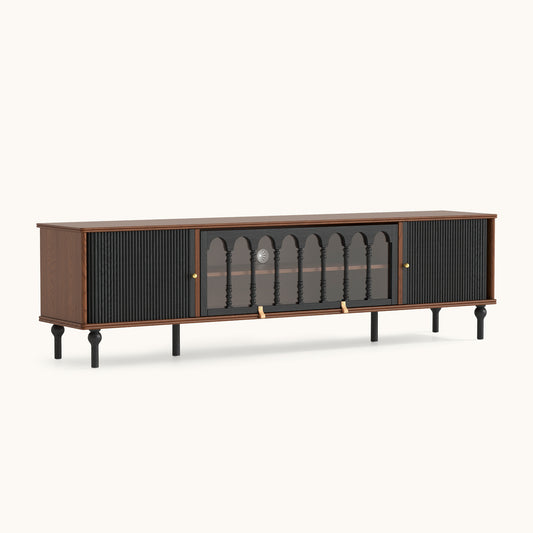 Gael Vintage TV Stand with Glass Display Cabinet, Mid-Century Walnut Media Console