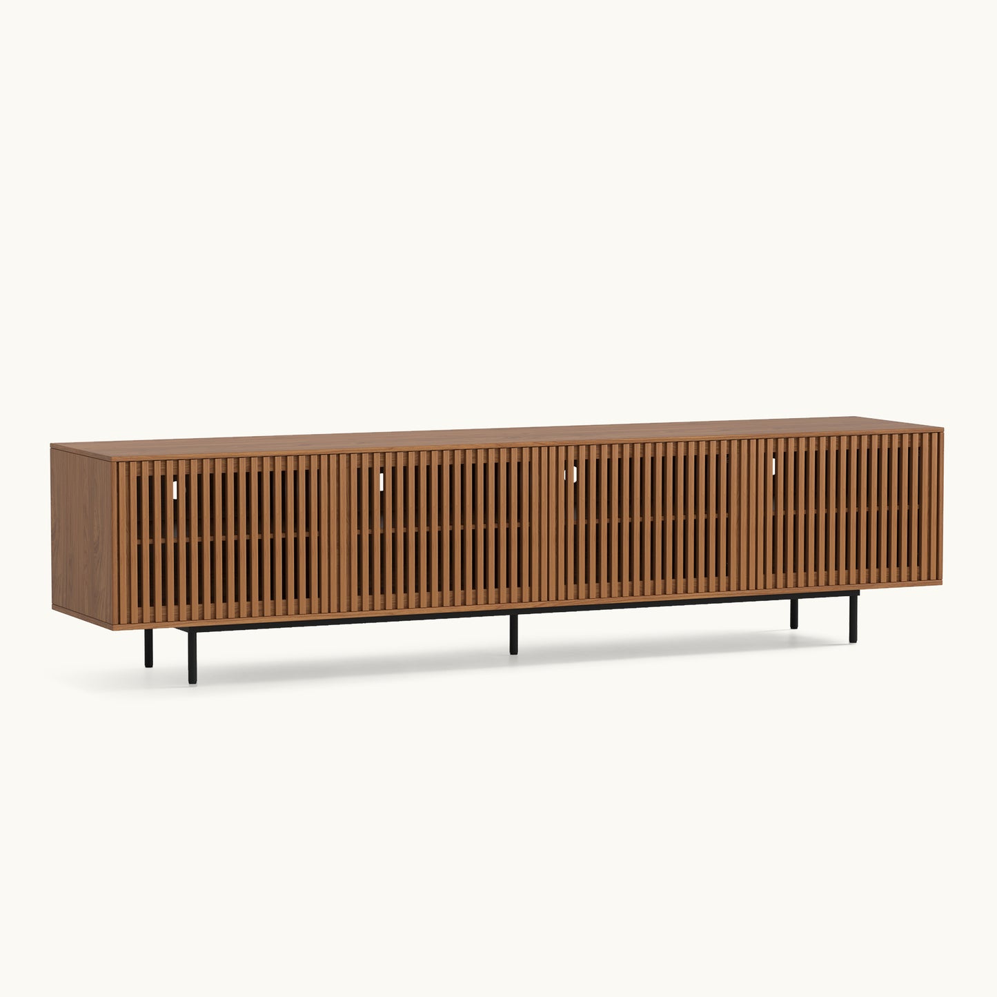 Mid-Century Modern Walnut Finish TV Stand | Slatted Entertainment Center with Storage