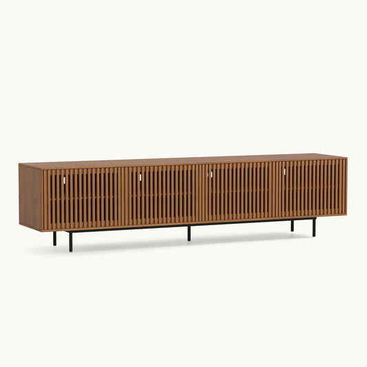 Mid-Century Modern Walnut Finish TV Stand | Slatted Entertainment Center with Storage