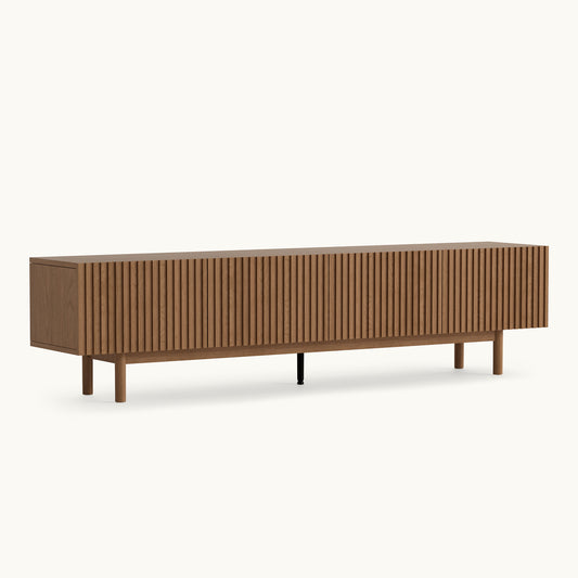 Mid-Century Modern Walnut Finish TV Stand | Fluted Storage Entertainment Center