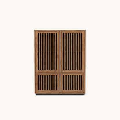 Mid-Century Modern Wooden Cabinet with Slatted Doors & Flexible 4-Door Storage