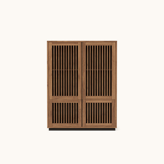 Mid-Century Modern Wooden Cabinet with Slatted Doors & Flexible 4-Door Storage
