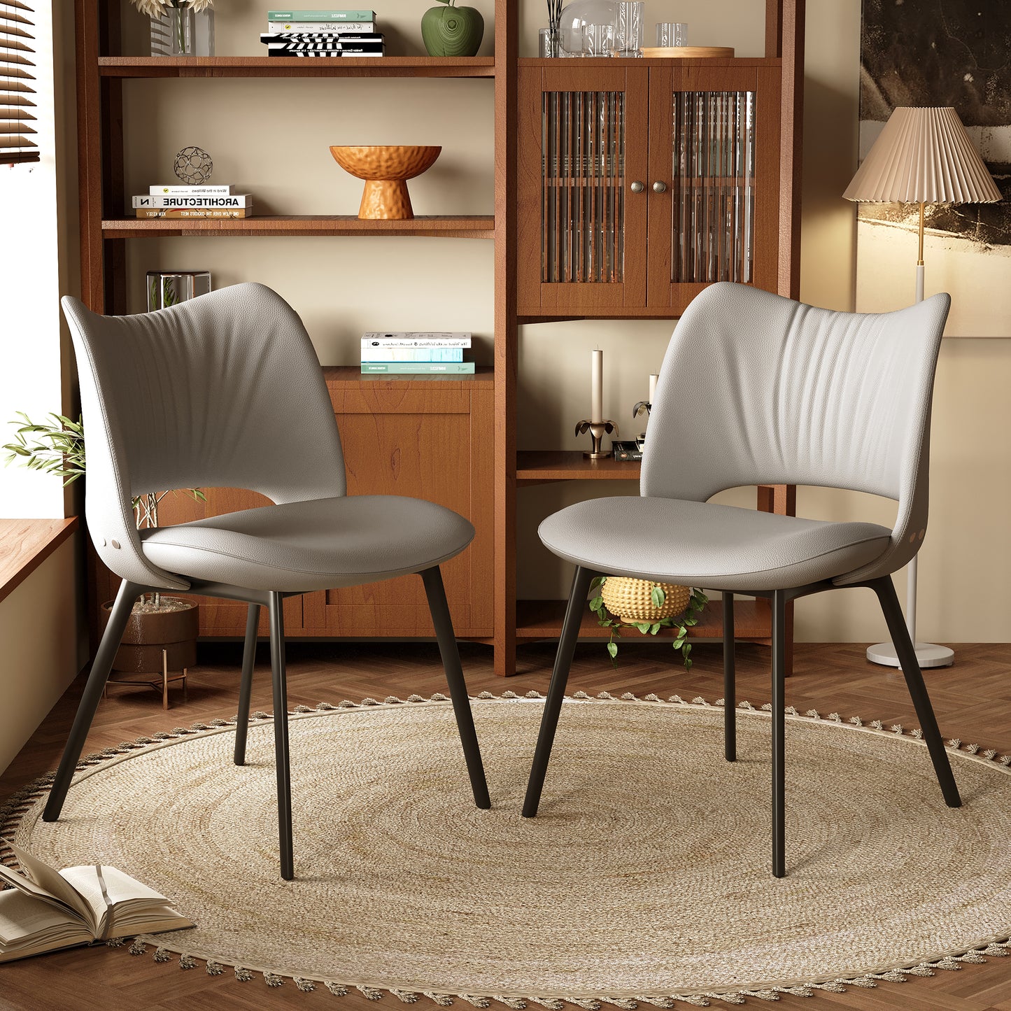 PlushComfort 2-Piece Accent Chair Set - Modern Faux Leather Patio & Dining Chairs with Black Metal Legs, 19.6"Wx31.8"H, Grey