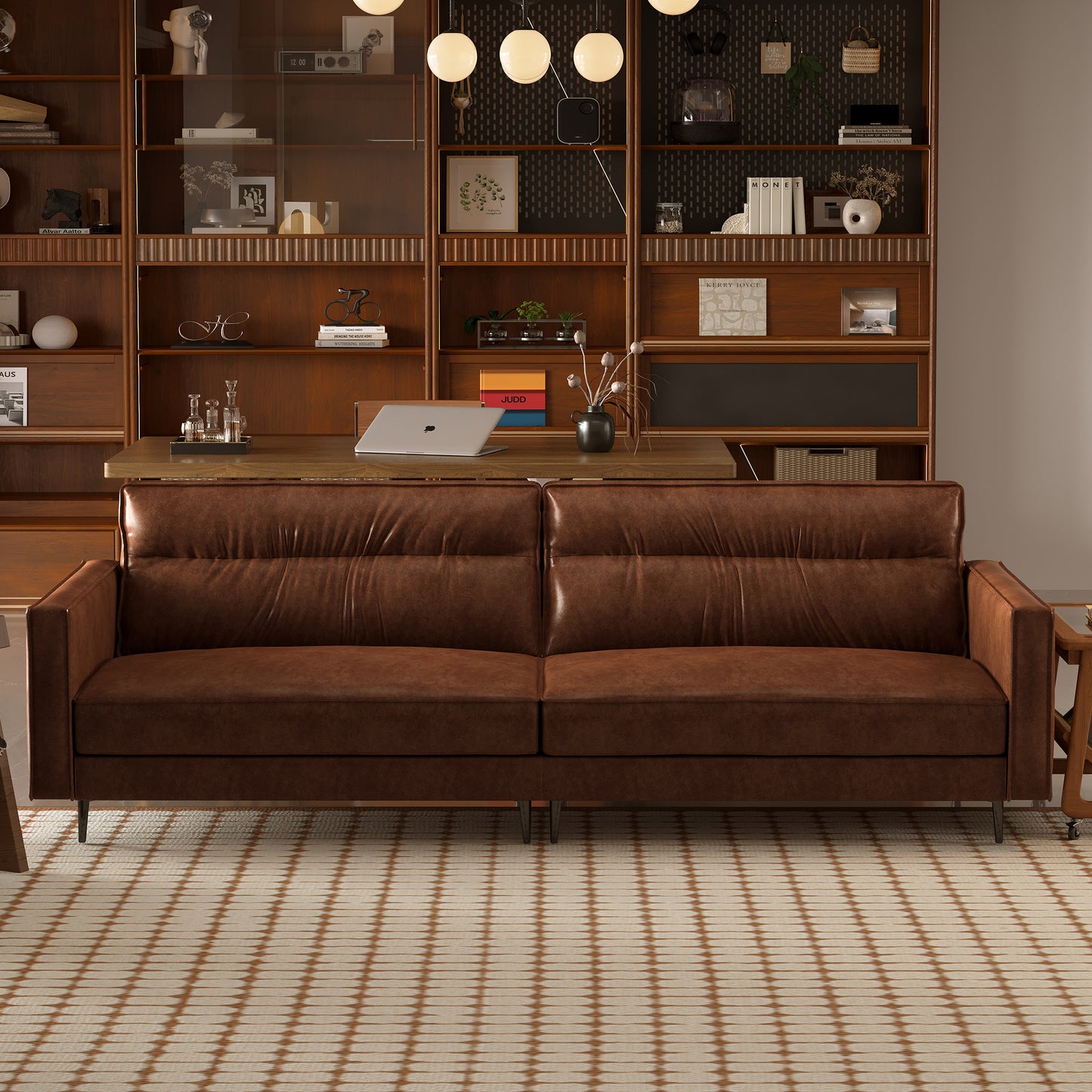 Mid-Century 3-Seater Leather Sofa with Removable Backrest and Cushions, Vintage Modern Lounge Couch for Office, Apartment, Living Room, Bedroom, with Sturdy Metal Legs - 86.61 Inches, Brown