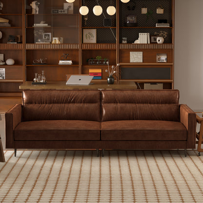 Mid-Century 3-Seater Leather Sofa with Removable Backrest and Cushions, Vintage Modern Lounge Couch for Office, Apartment, Living Room, Bedroom, with Sturdy Metal Legs - 86.61 Inches, Brown