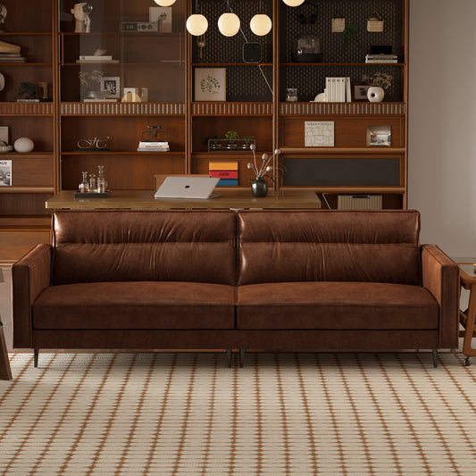 Mid-Century 3-Seater Leather Sofa with Removable Backrest and Cushions, Vintage Modern Lounge Couch for Office, Apartment, Living Room, Bedroom, with Sturdy Metal Legs - 86.61 Inches, Brown