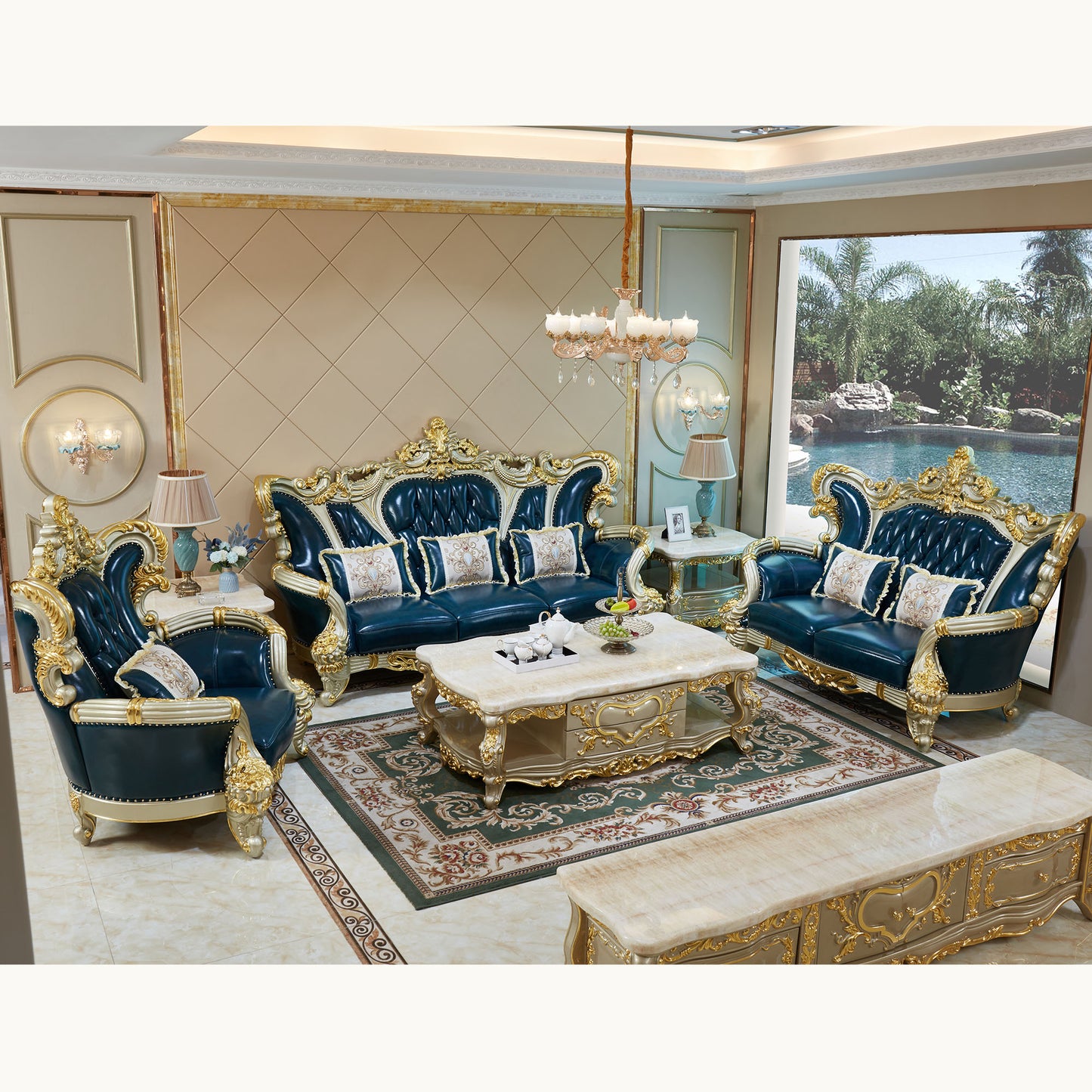 Imperial Sapphire Luxury Sofa Set – European Baroque Tufted Living Room Collection