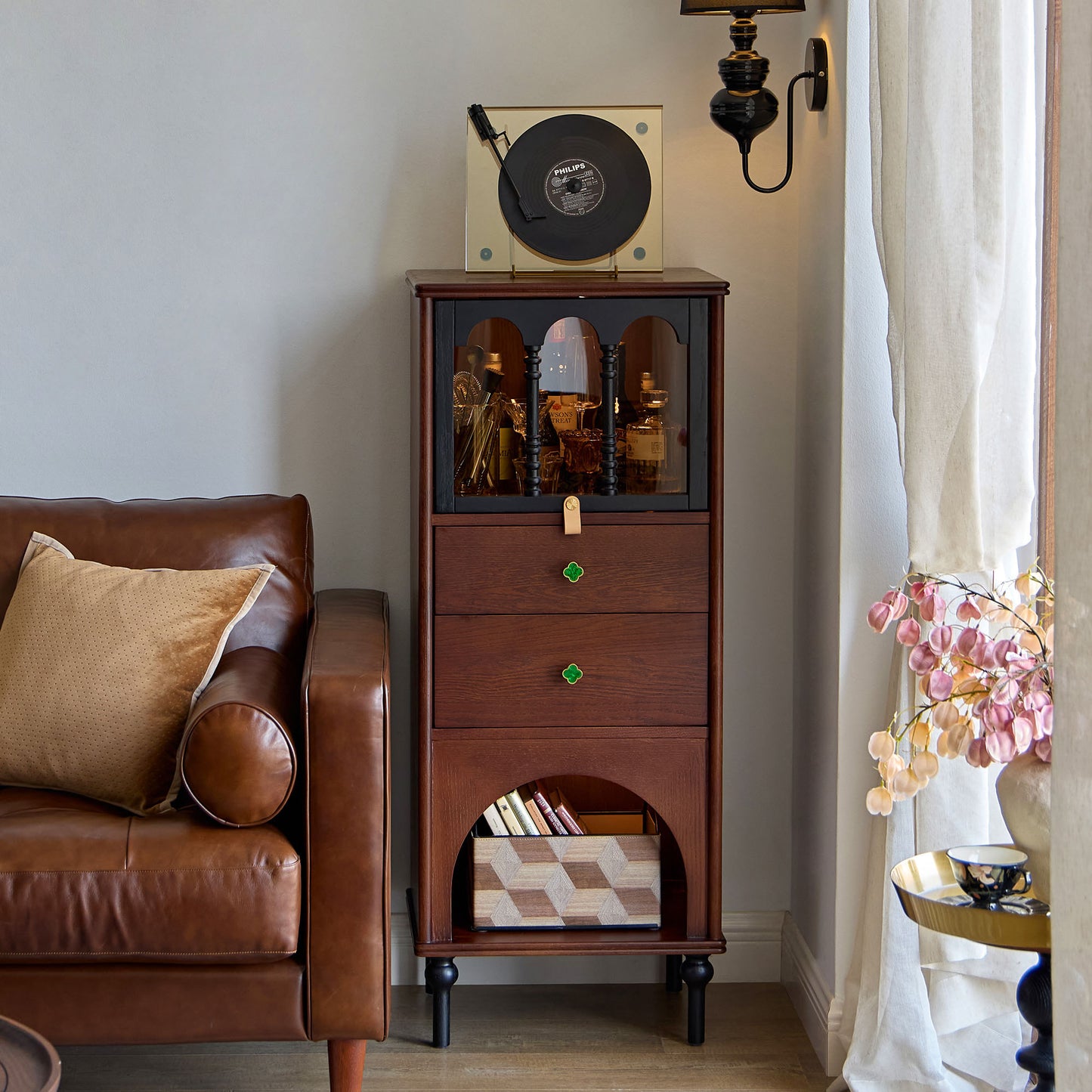 Gael Vintage Tall Storage Cabinet with Glass Display and Drawers