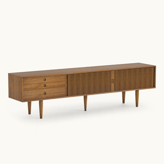 Mid-Century Modern Walnut Finish TV Stand | Fluted Entertainment Console with Drawers & Storage