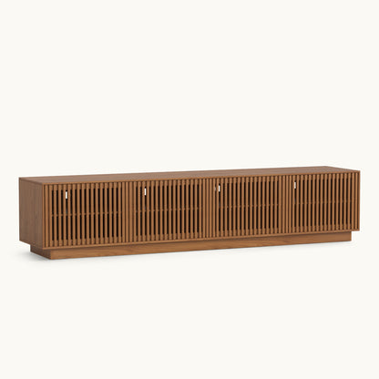 Mid-Century Modern Walnut Finish TV Stand | Open Slatted Louvered Entertainment Center with Storage