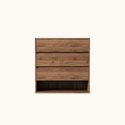 Mid-Century Walnut Dresser with 3 Drawers & Rattan Baskets