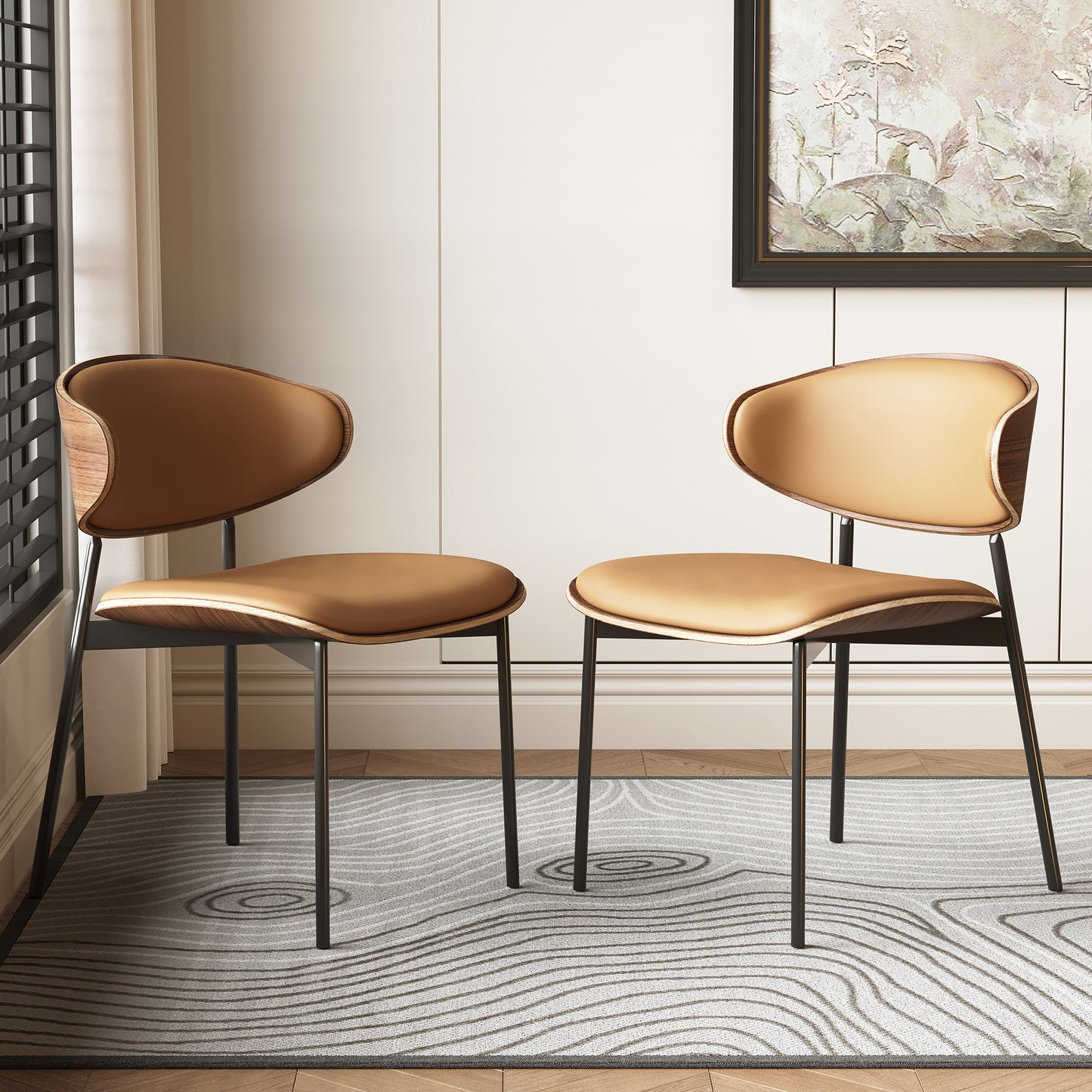 Dining Chair Mid-Century Modern Walnut Wood Upholstered Seat (Set of 2)