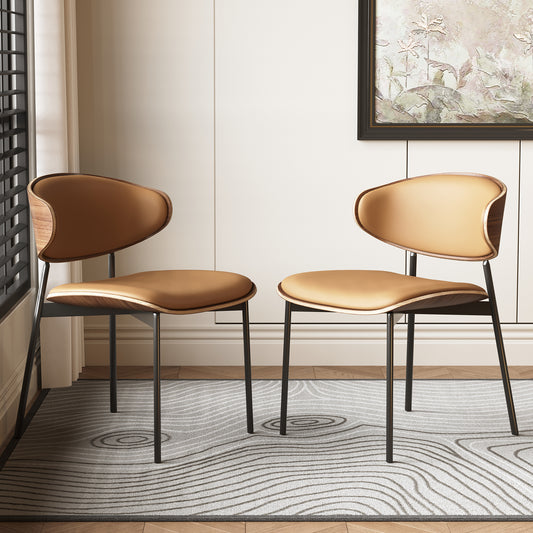 Modern Upholstered Dining Chairs, Wood and Leather, Set of 2
