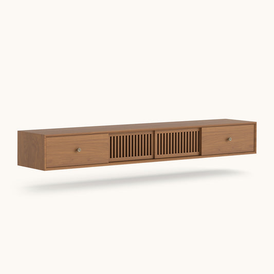 Mid-Century Modern Floating TV Stand 78.7" with Slatted Sliding Doors