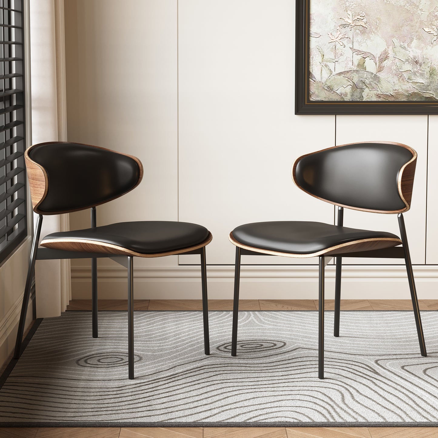 Dining Chair Mid-Century Modern Walnut Wood Upholstered Seat (Set of 2)