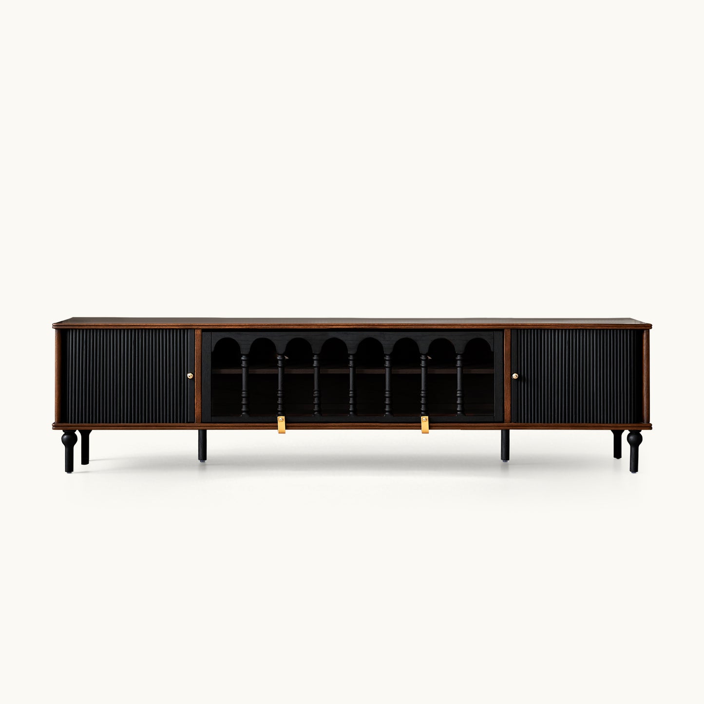 Gael Vintage TV Stand with Glass Display Cabinet, Mid-Century Walnut Media Console