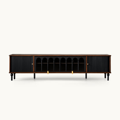 Gael Vintage TV Stand with Glass Display Cabinet, Mid-Century Walnut Media Console