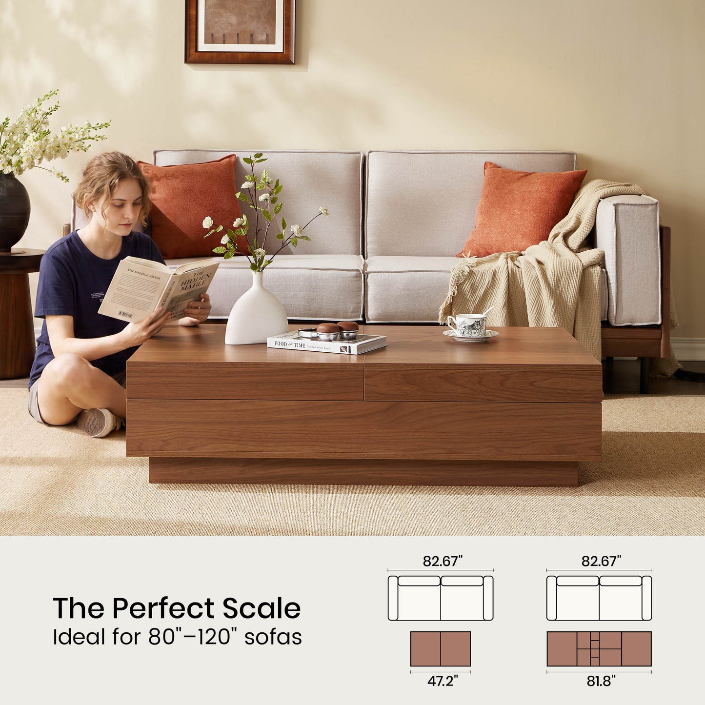 Mid-Century Expandable Coffee Table with Storage for Living Rooms