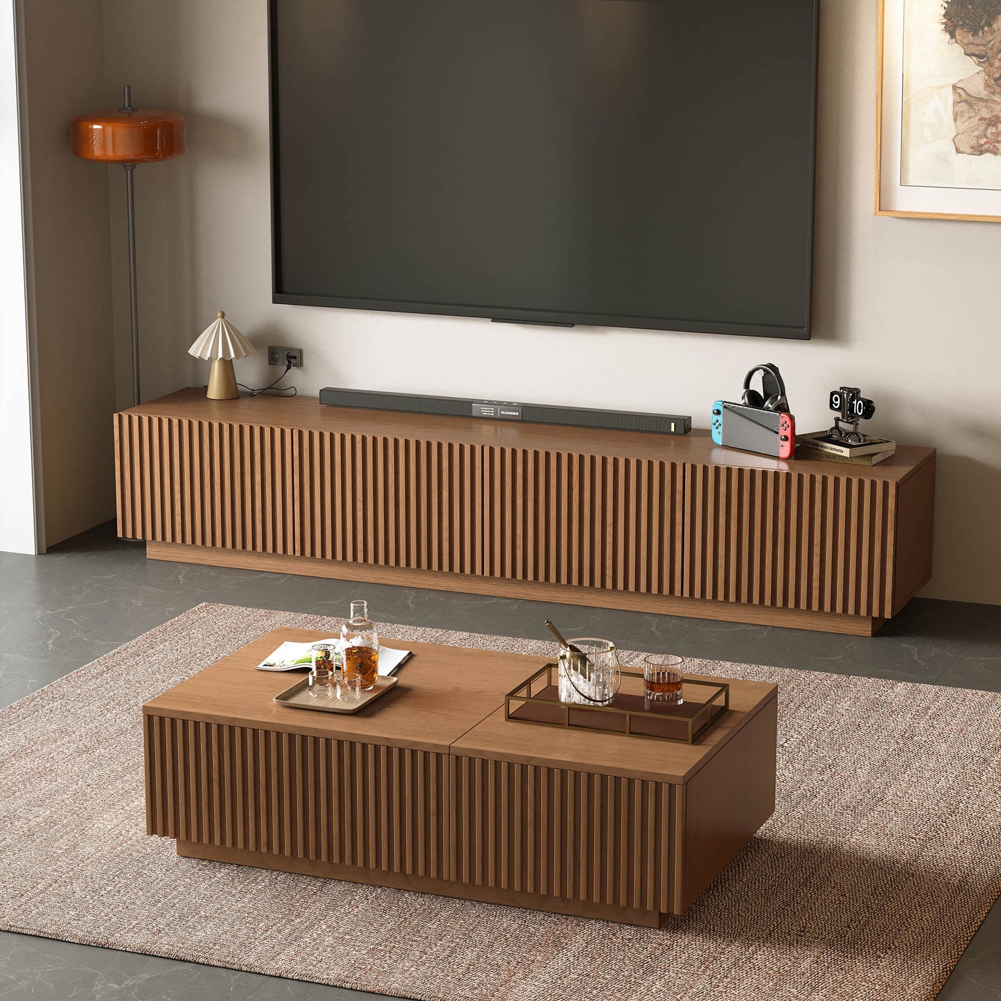 Mid-Century Modern TV Stand 86.61" with Adjustable Shelves & Cable Management