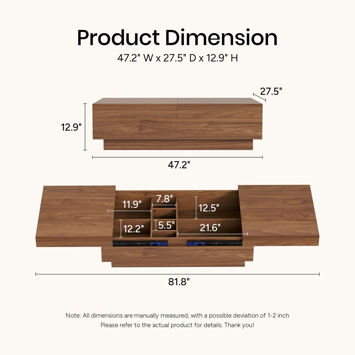 Mid-Century Expandable Coffee Table with Storage for Living Rooms