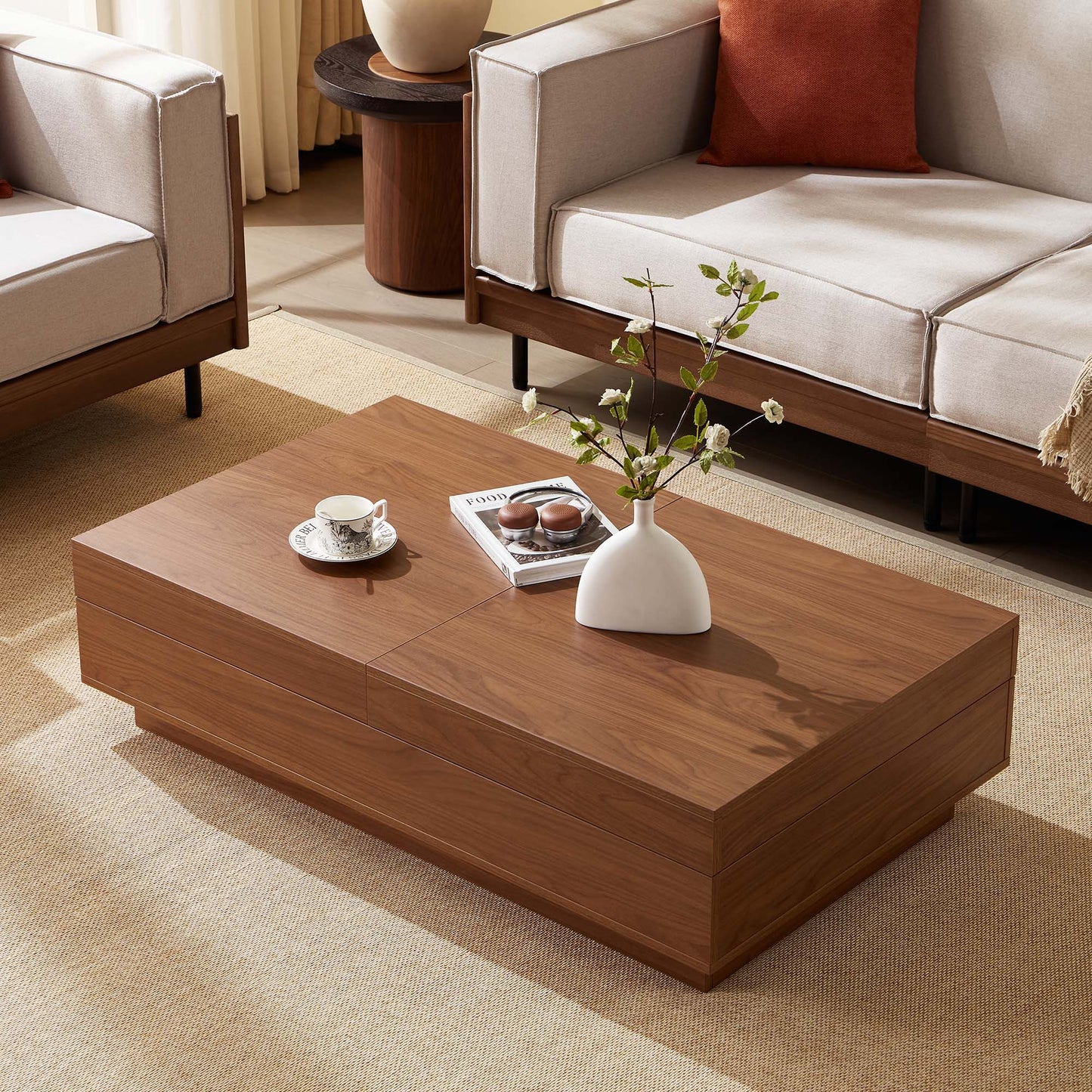 Mid-Century Expandable Coffee Table with Storage for Living Rooms