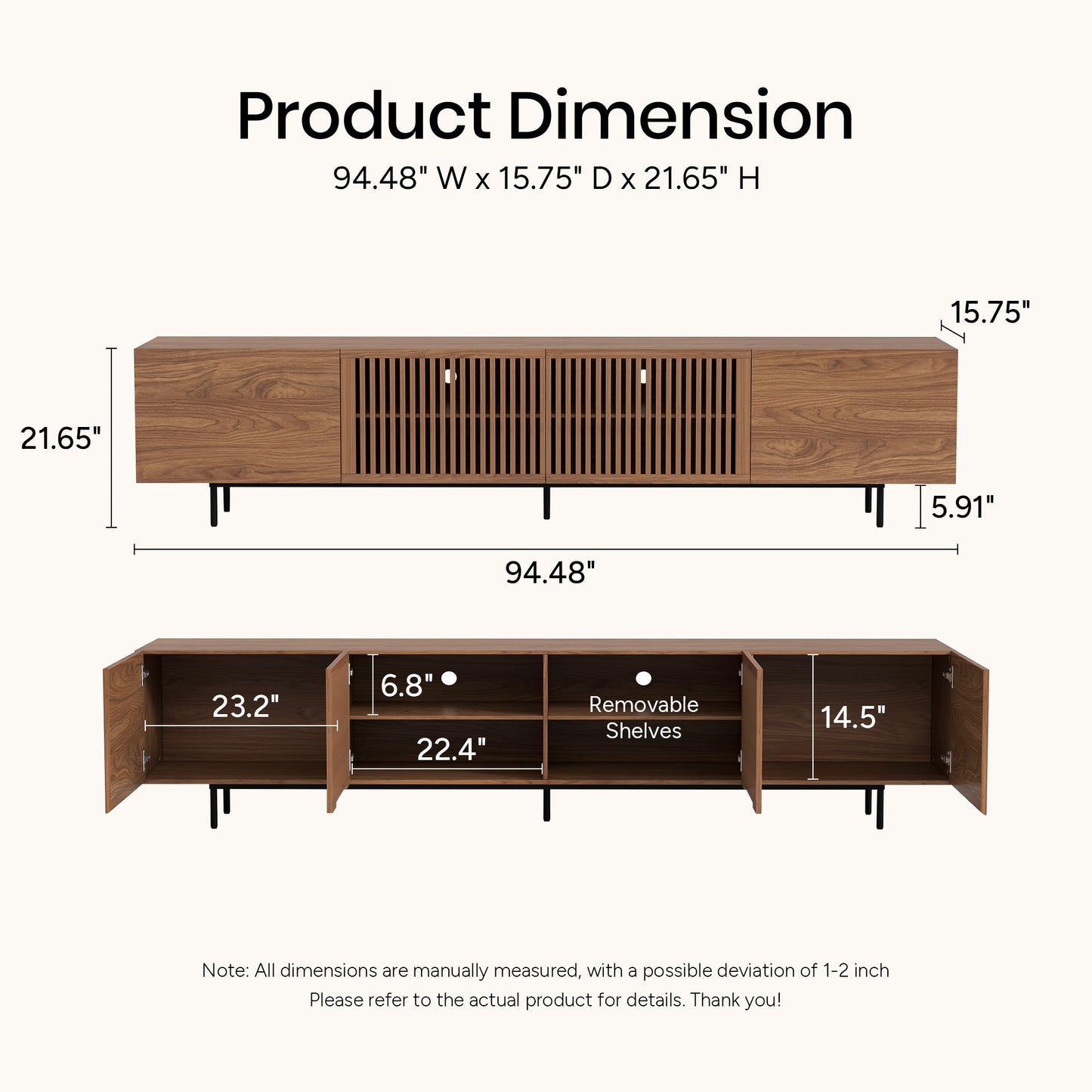 Mid-Century TV Stand with Hidden Storage for 32-100” TVs
