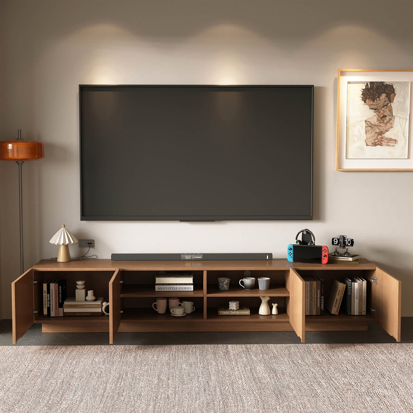 Mid-Century Modern TV Stand 86.61" with Adjustable Shelves & Cable Management