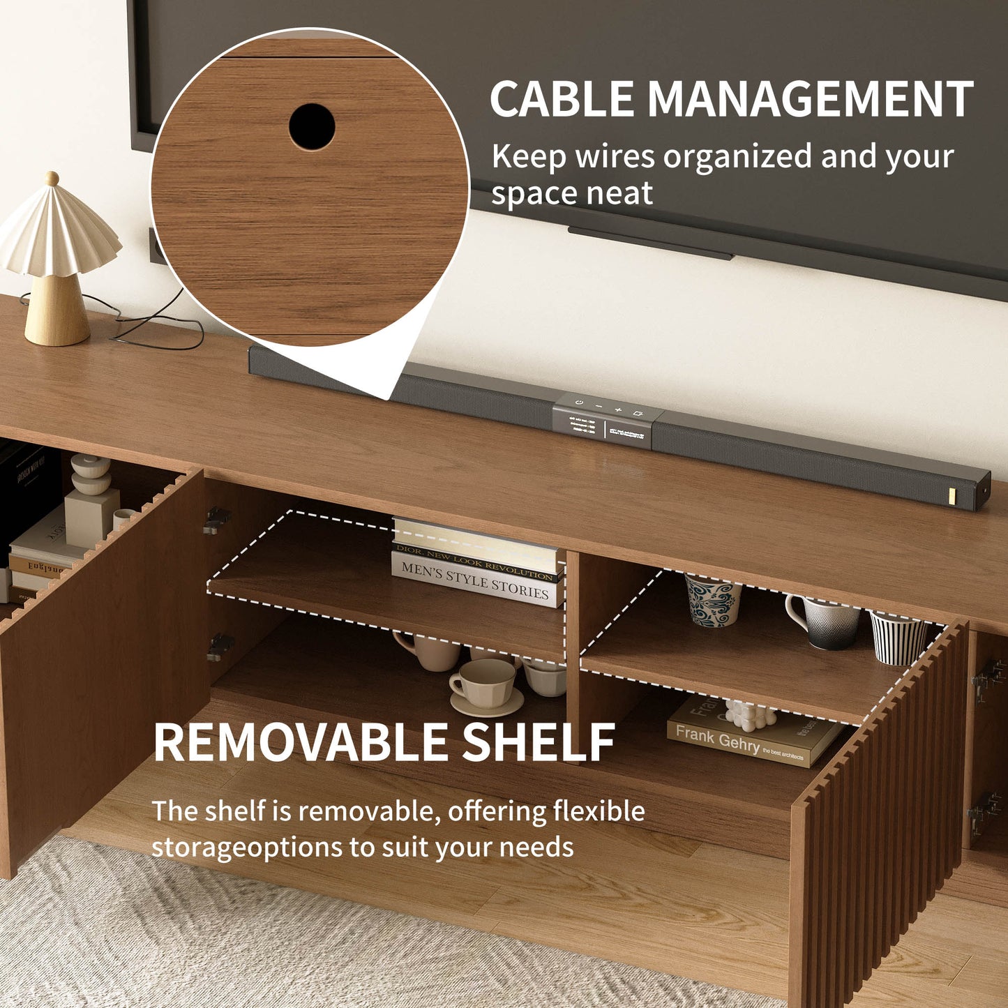 Mid-Century Modern TV Stand 86.61" with Adjustable Shelves & Cable Management