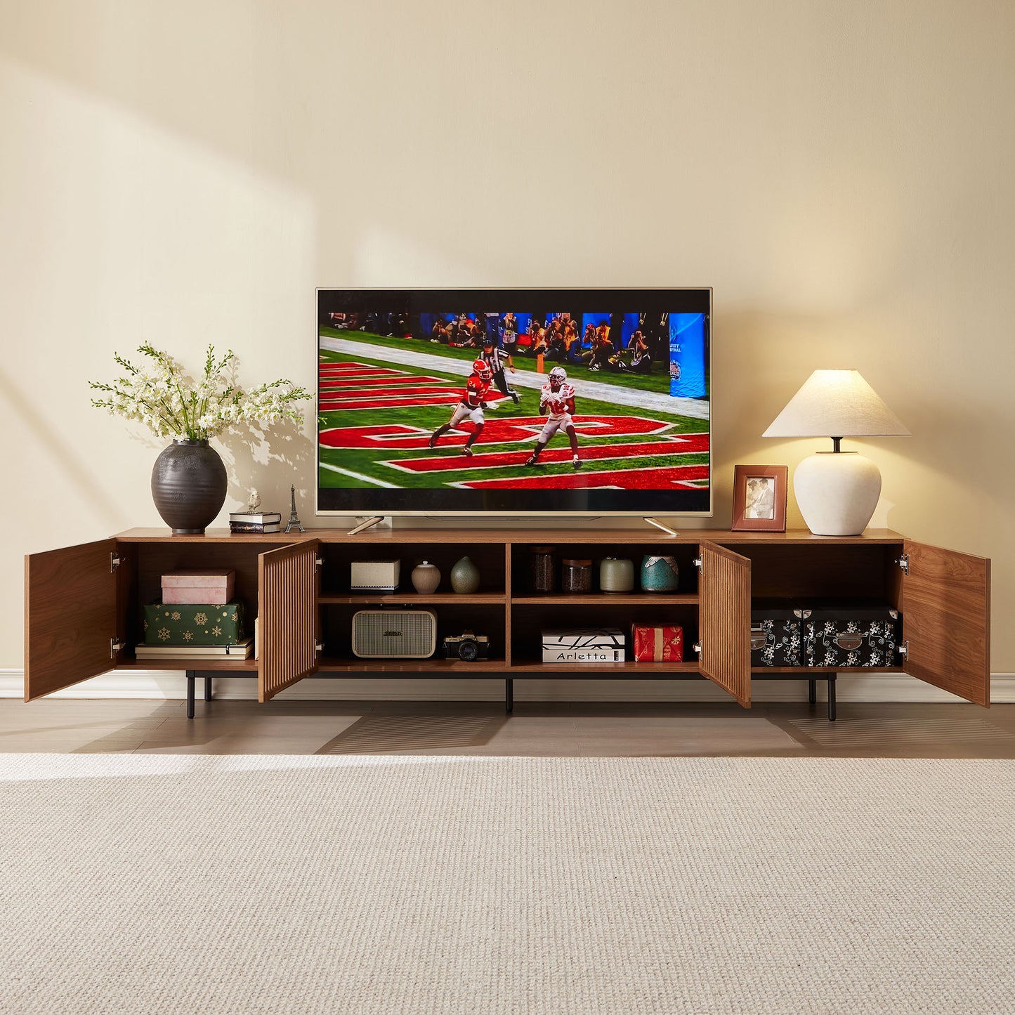 Mid-Century TV Stand with Hidden Storage for 32-100” TVs