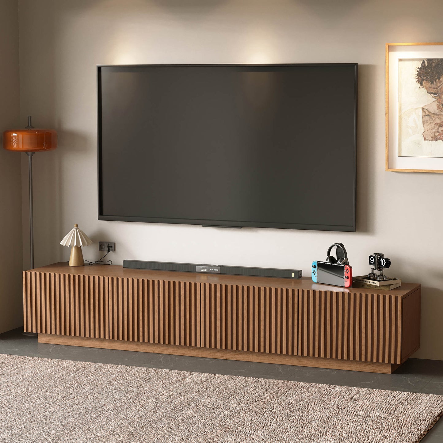Mid-Century Modern TV Stand 86.61" with Adjustable Shelves & Cable Management