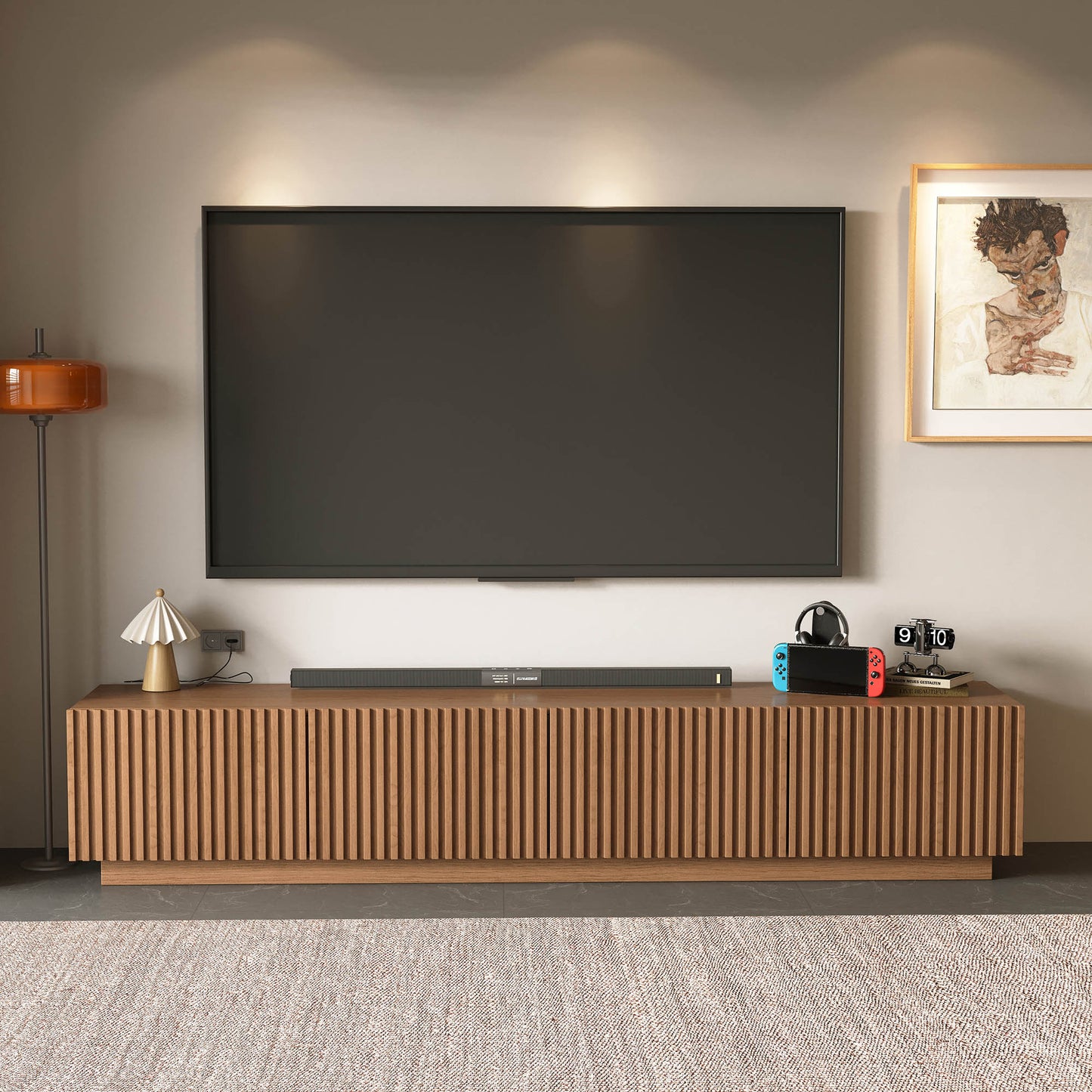 Mid-Century Modern TV Stand 86.61" with Adjustable Shelves & Cable Management