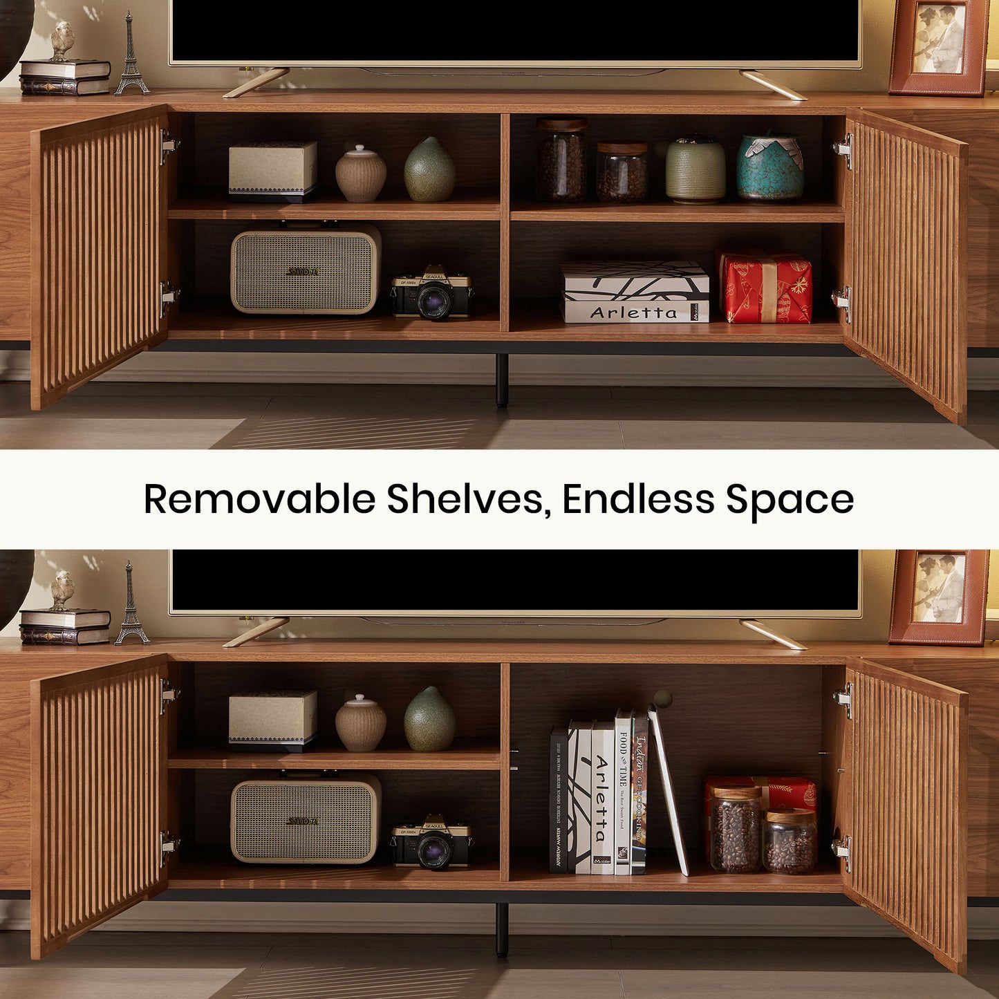 Mid-Century TV Stand with Hidden Storage for 32-85” TVs