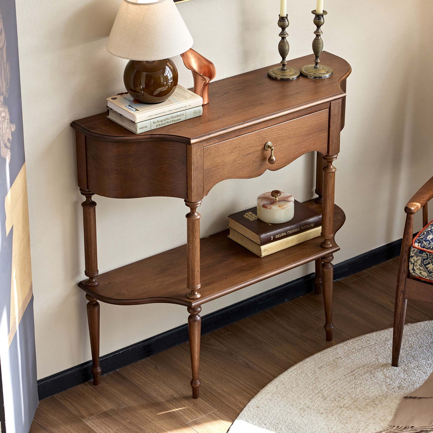Gael Vintage Entryway Console Table with Drawer & Shelf, Black Mid-Century Hallway Table