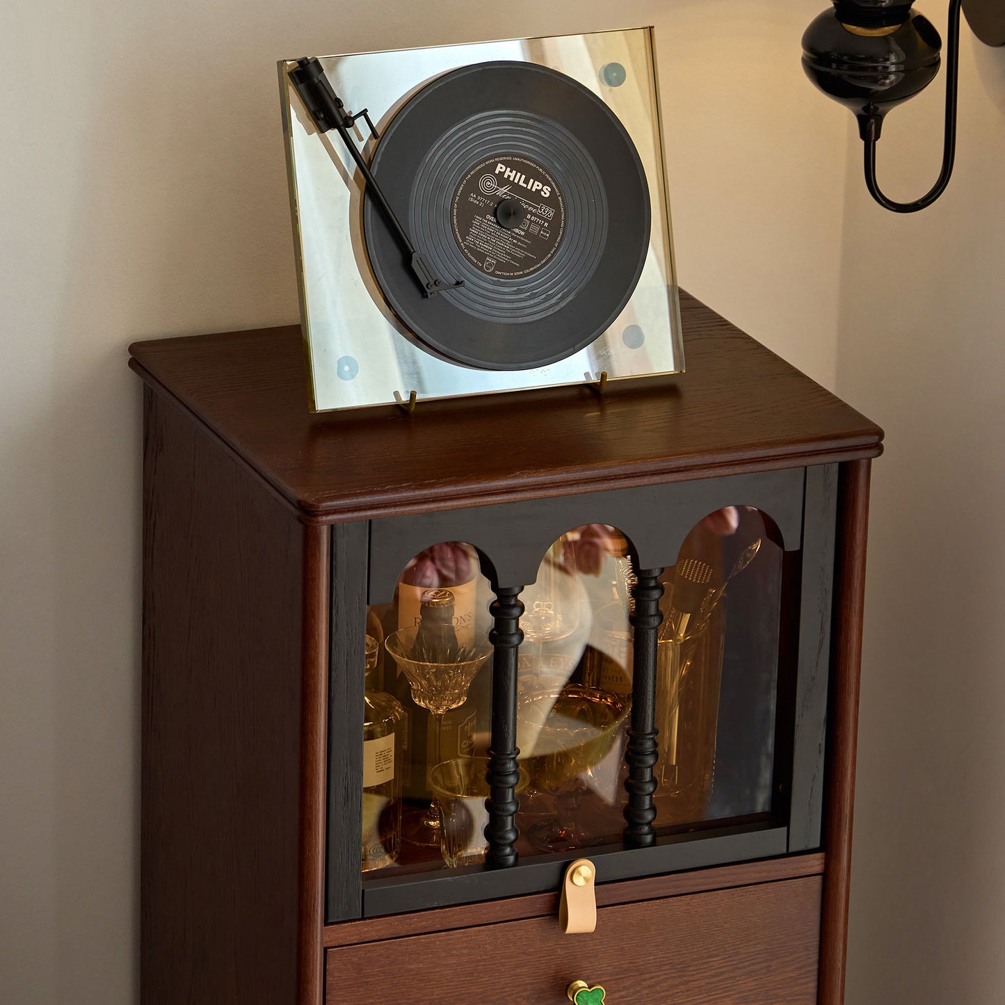 Gael Vintage Tall Storage Cabinet with Glass Display and Drawers