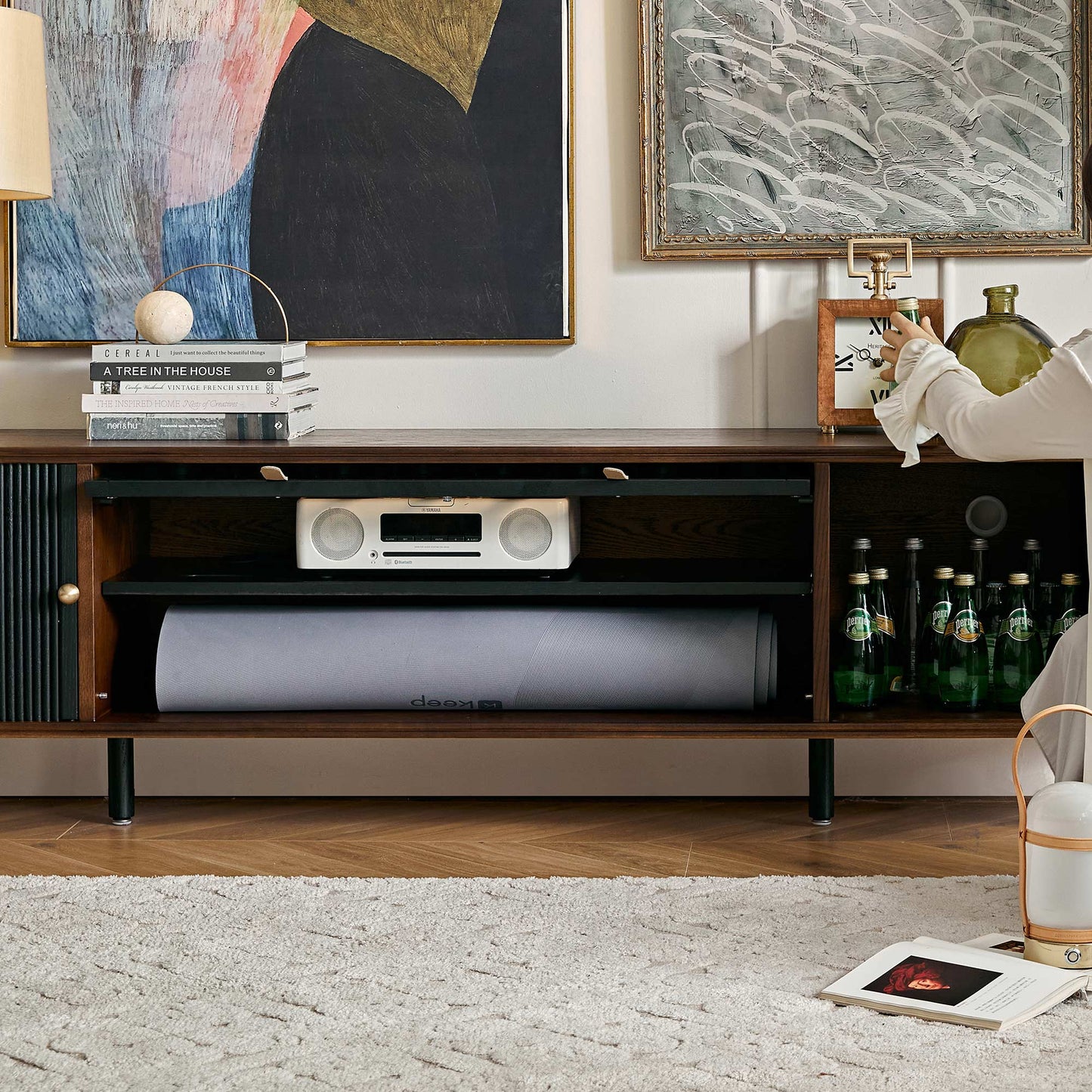 Gael Vintage TV Stand with Glass Display Cabinet, Mid-Century Walnut Media Console