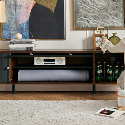 Gael Vintage TV Stand with Glass Display Cabinet, Mid-Century Walnut Media Console