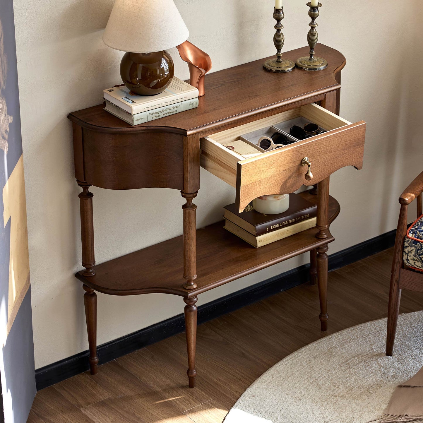 Gael Vintage Entryway Console Table with Drawer & Shelf, Black Mid-Century Hallway Table