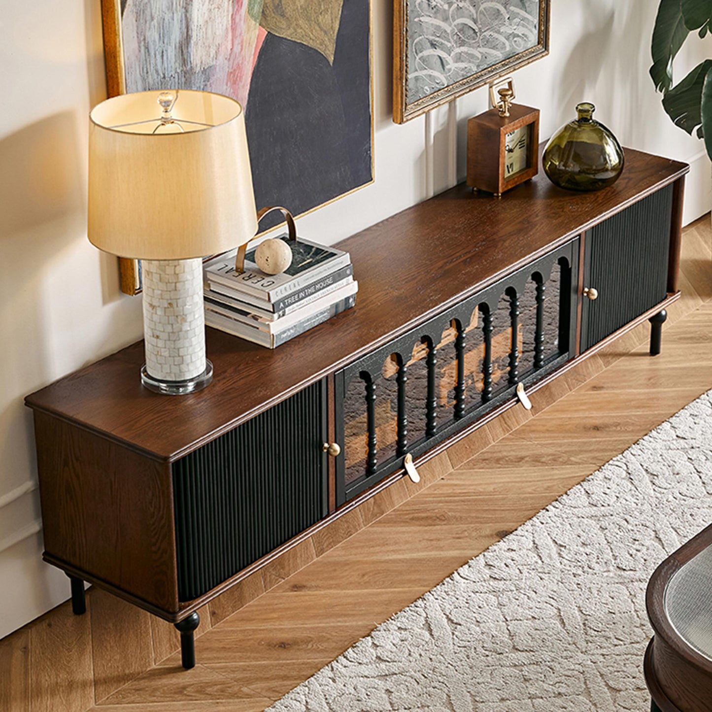 Gael Vintage TV Stand with Glass Display Cabinet, Mid-Century Walnut Media Console