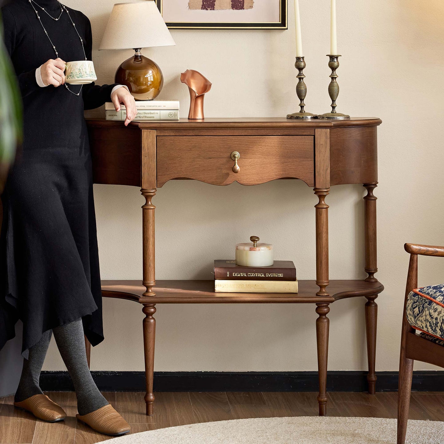 Gael Vintage Entryway Console Table with Drawer & Shelf, Black Mid-Century Hallway Table
