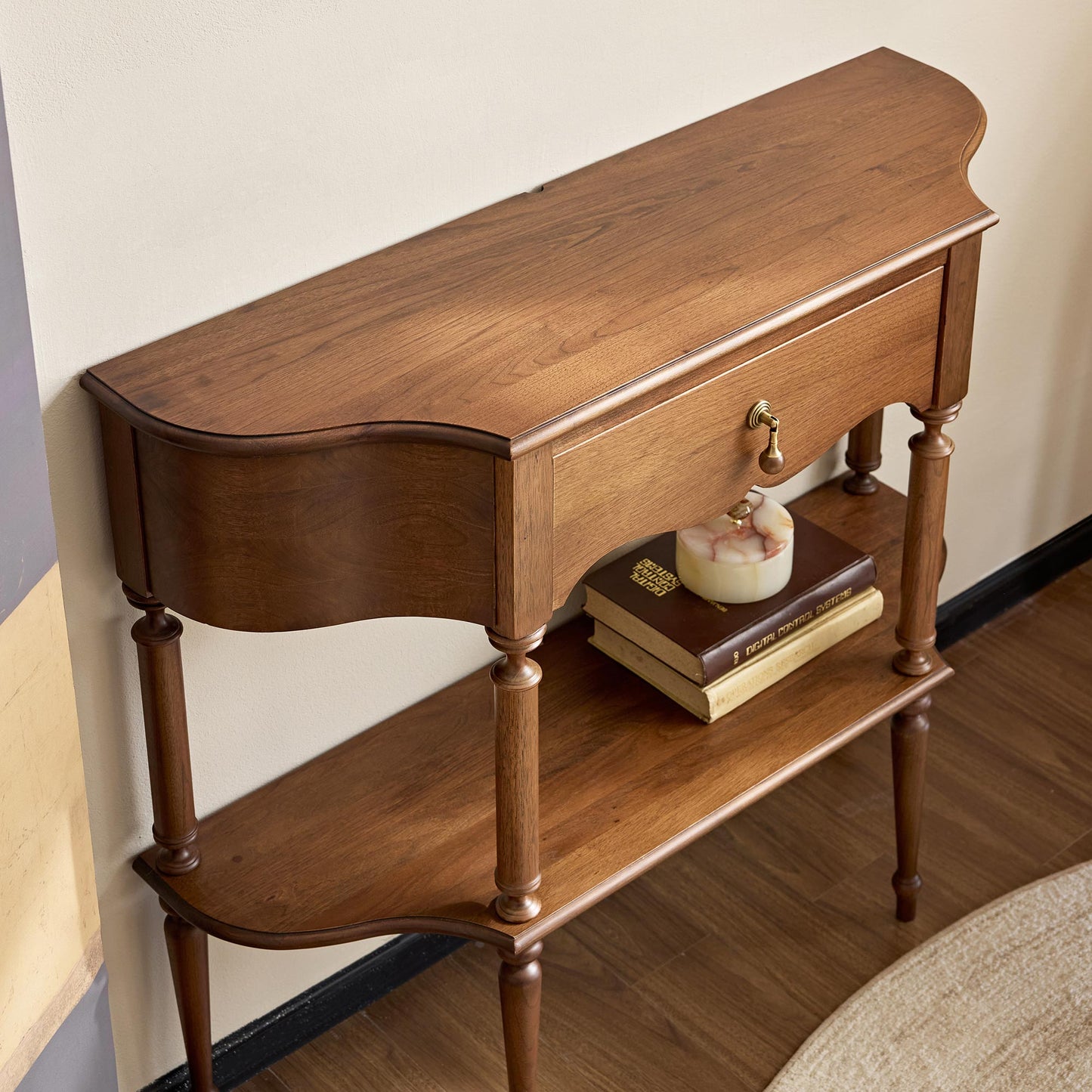 Gael Vintage Entryway Console Table with Drawer & Shelf, Black Mid-Century Hallway Table