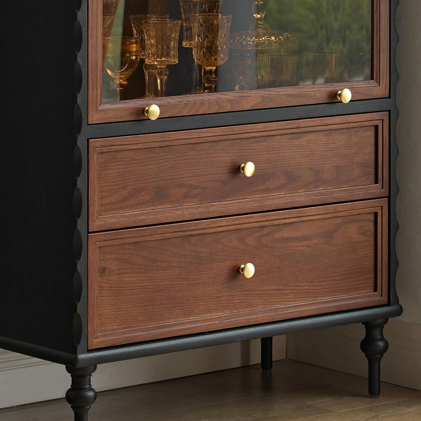 Gael Vintage Glass Display Cabinet with Drawers, Mid-Century Walnut Storage Cabinet