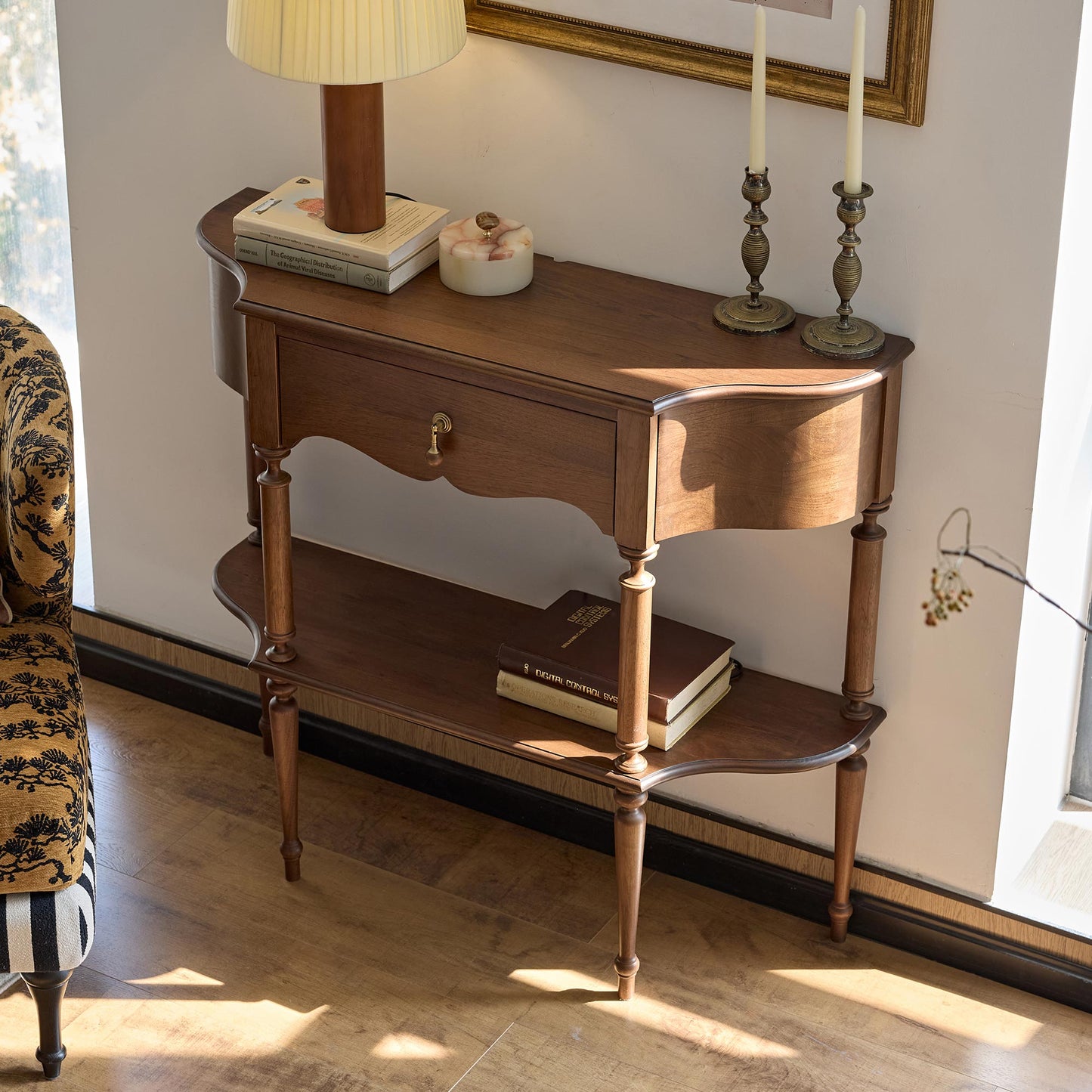 Gael Vintage Entryway Console Table with Drawer & Shelf, Black Mid-Century Hallway Table