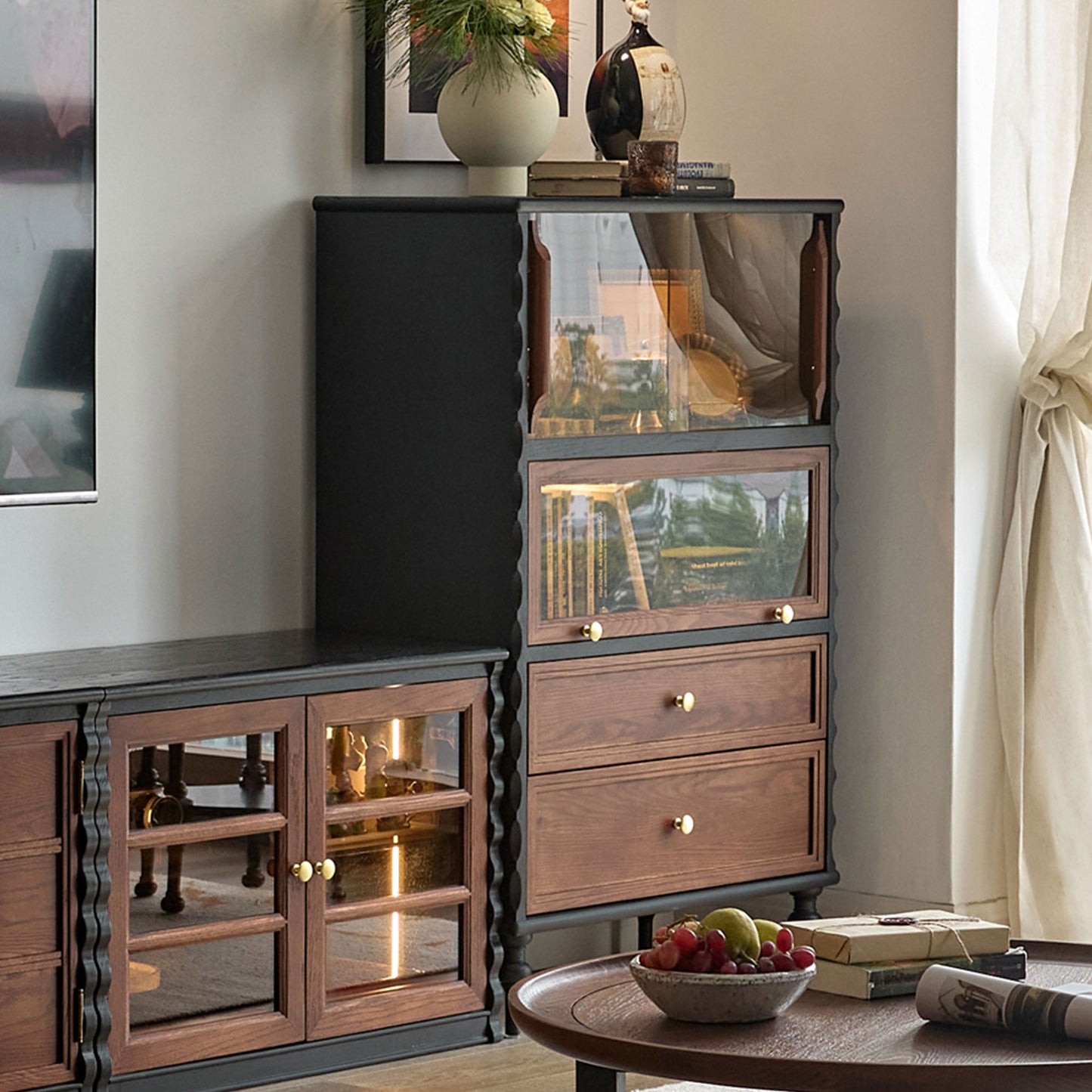 Gael Vintage Glass Display Cabinet with Drawers, Mid-Century Walnut Storage Cabinet