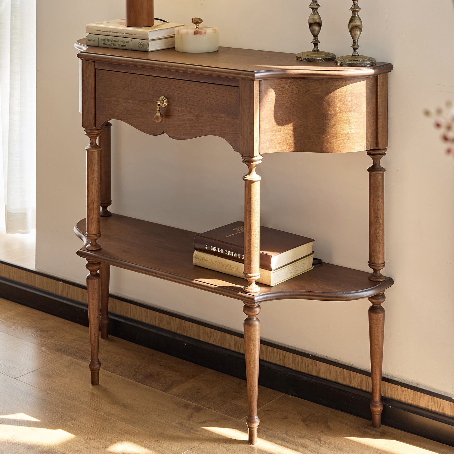 Gael Vintage Entryway Console Table with Drawer & Shelf, Black Mid-Century Hallway Table