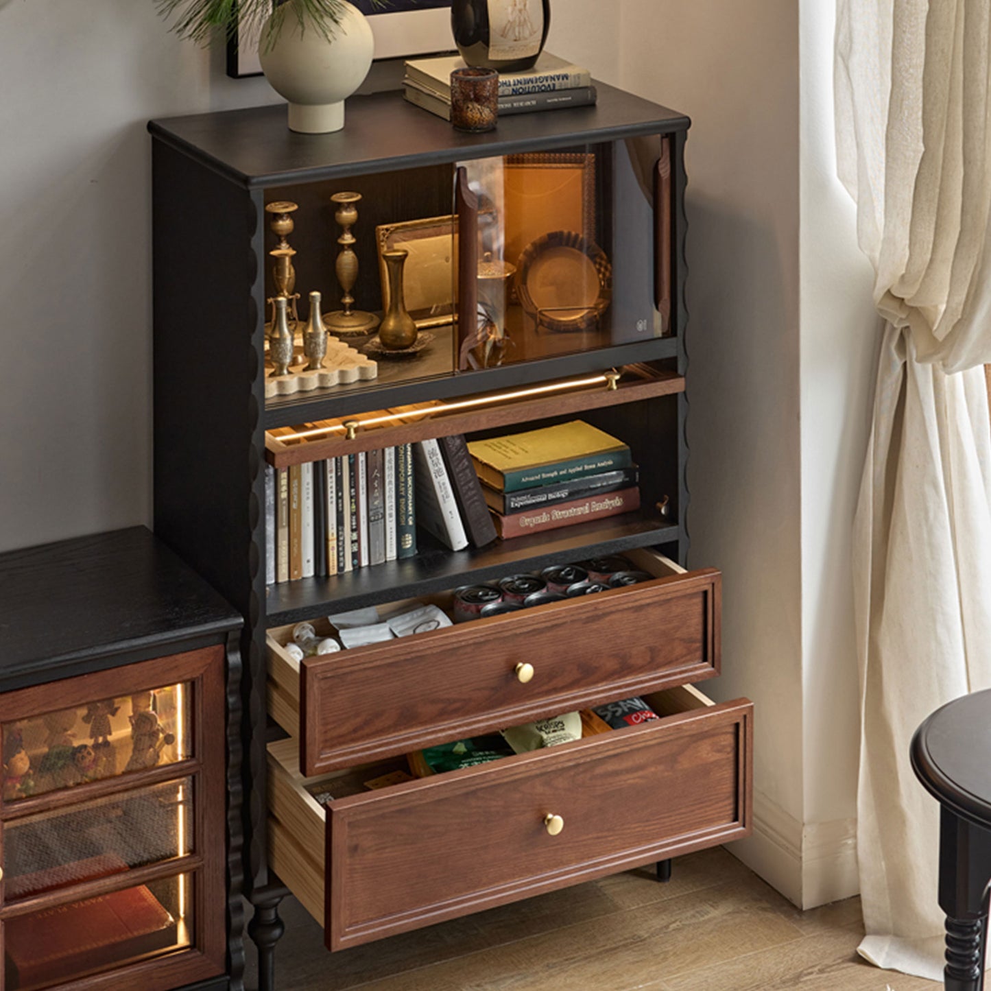 Gael Vintage Glass Display Cabinet with Drawers, Mid-Century Walnut Storage Cabinet