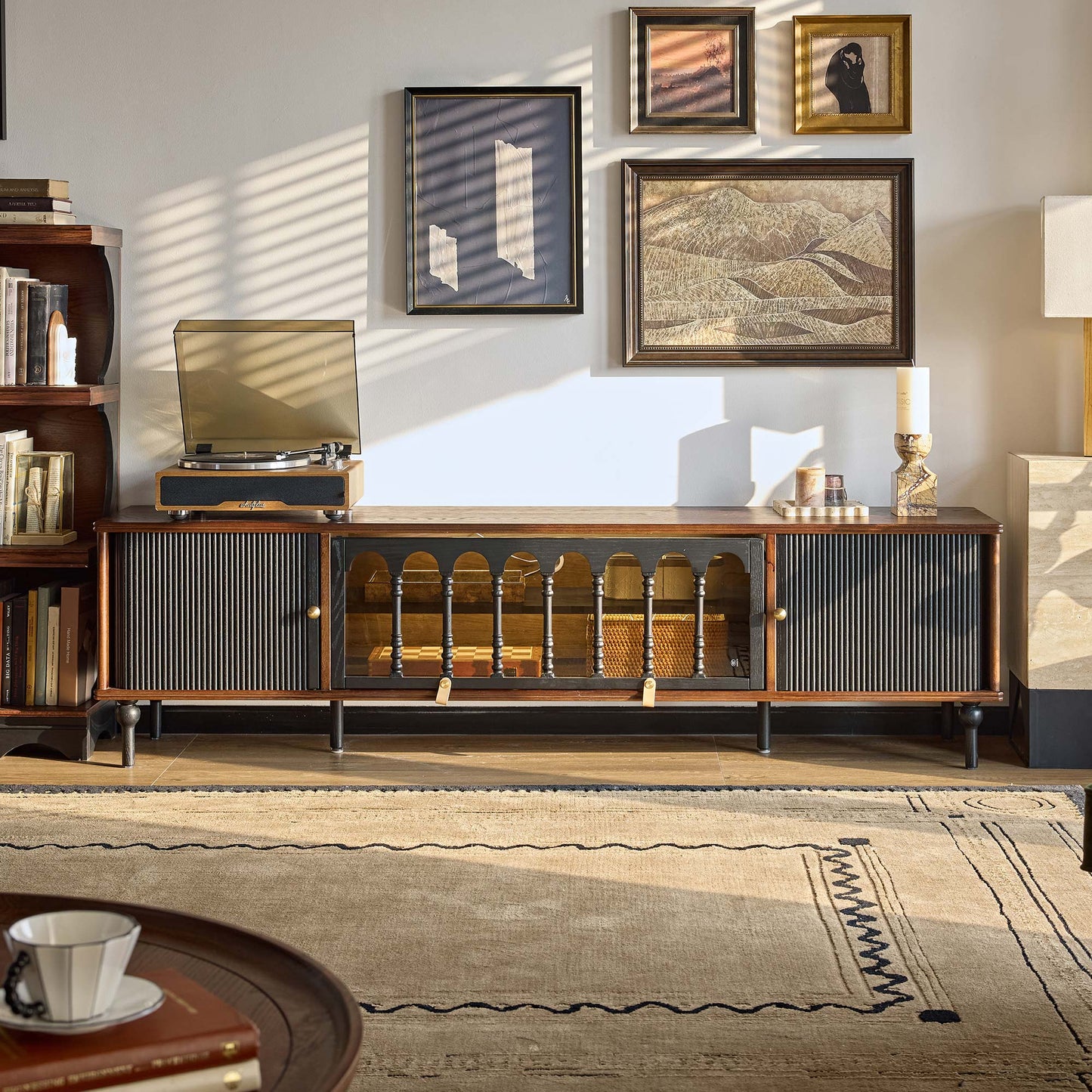 Gael Vintage TV Stand with Glass Display Cabinet, Mid-Century Walnut Media Console