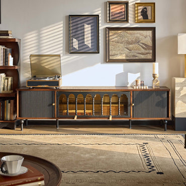 Gael Vintage TV Stand with Glass Display Cabinet, Mid-Century Walnut Media Console